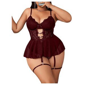 7386 Plus Size Lingerie Set 4 Piece Lace Underwire Garter Teddy Bodysuit
